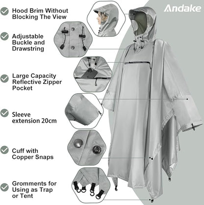 Andake Waterproof Rain Poncho for Adults Unisex,230T Ripstop Polyester,Raincoat Gear with Transparent Viewing Window Outdoors
