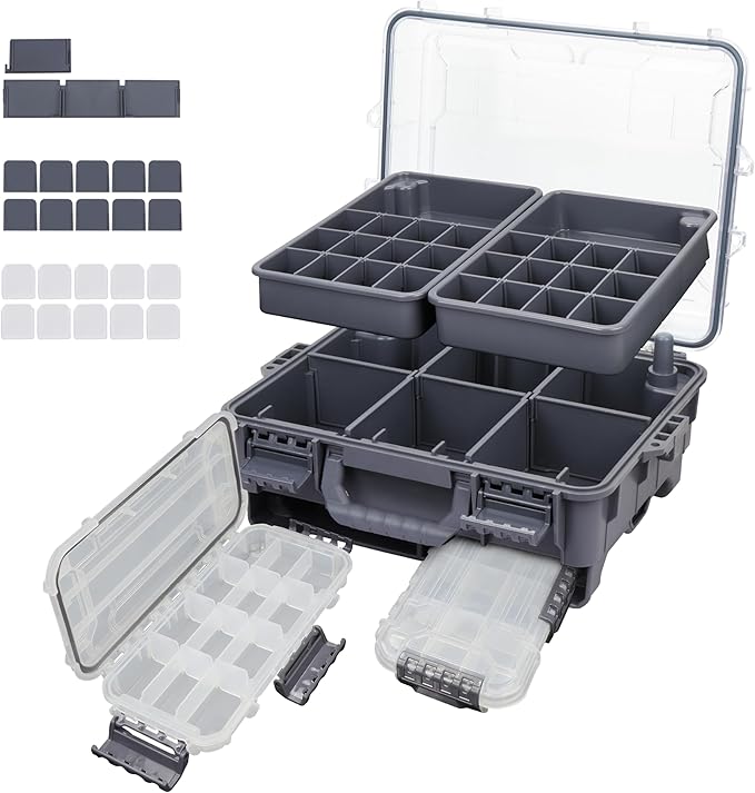 RUNCL Universal Fishing Tackle Box with Two Small Tackle Tray, Removal Inside Design Waterproof Trunk Storage Box, Thicker Floating Airtight Stowaway, Xmas Surprise Fishing Gifts for Men Women