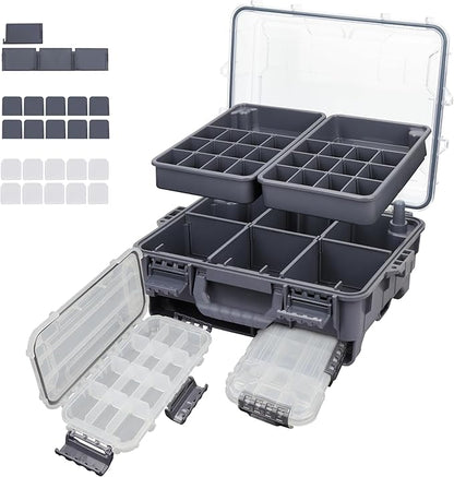 RUNCL Universal Fishing Tackle Box with Two Small Tackle Tray, Removal Inside Design Waterproof Trunk Storage Box, Thicker Floating Airtight Stowaway, Xmas Surprise Fishing Gifts for Men Women