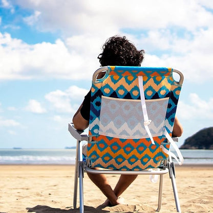 SUNNYFEEL Extra Wide 28" Folding Beach Chair 5 Position Lay Flat, Portable 17" Tall Camping Chair with Cup Holder for Outdoor/Lawn/Trip/Picnic, Lightweight Foldable Sand Chairs for Adults (Wave)