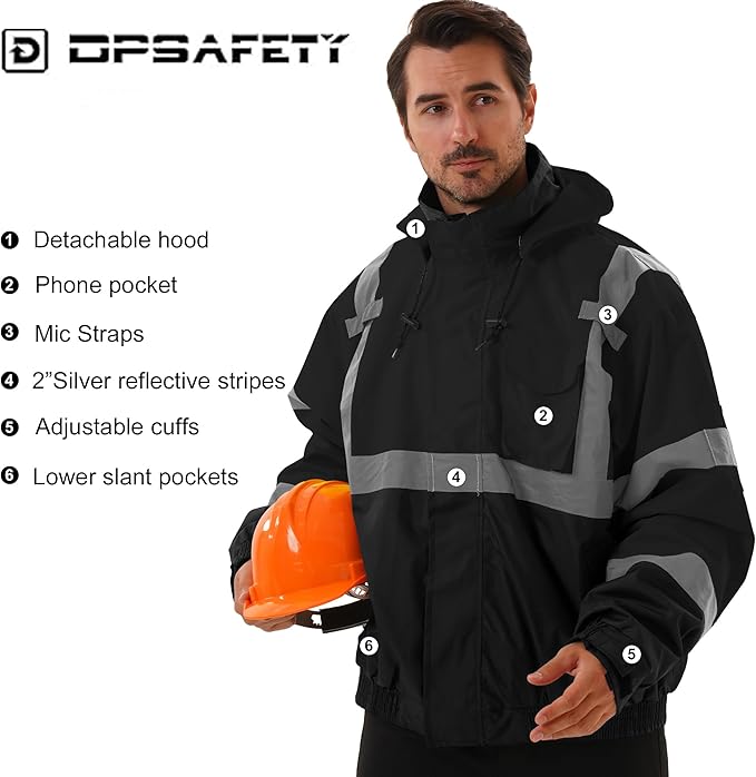 3 in 1 Safety jacket,Reflective high Visibility Hooded jacket,Hi Vis Bomber Jacket shell and fleece lining,Waterproof,ANSI Class 3 Black,6XL