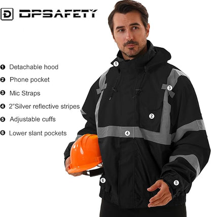 3 in 1 Safety jacket,Reflective high Visibility Hooded jacket,Hi Vis Bomber Jacket shell and fleece lining,Waterproof,ANSI Class 3 Black,2XL