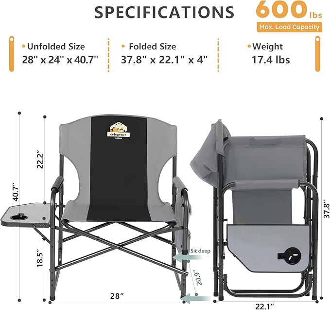 Oversized Directors Camping Chair Support 600 LBS, Heavy Duty Folding Outdoor Chairs with Detachable Side Pocket and Adjustable Side Table for Outside Beach,Lawn,Fishing (Black)