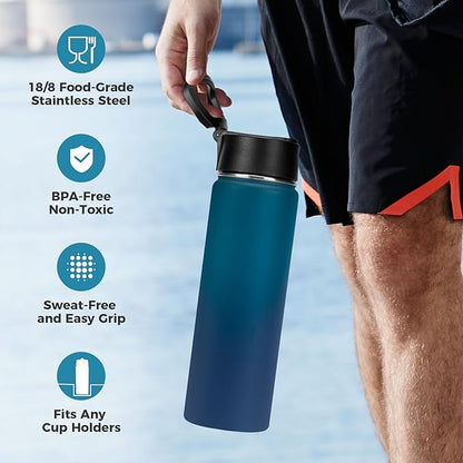 Neihepal 22 oz Insulated Water Bottle with Straw Lid, Double Walled Vacuum Stainless Steel Water Bottles Leak Proof, Wide Mouth (Dark Night,1 Pack)