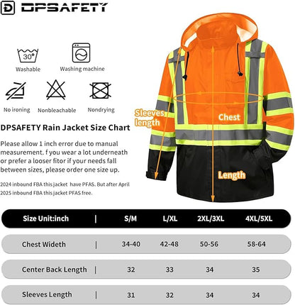 Reflective Rain jackets for men waterproof,Hi Vis Safety Coat With Reflective Strips，High Visibility Class 3 Rain jackets With 2 large pockets，Zipper,Orange,SM/MD