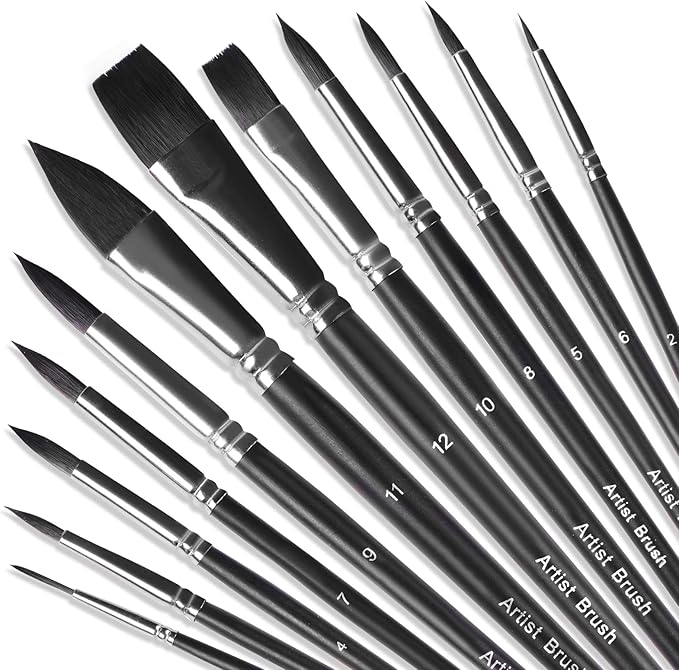 Watercolor Paint Brush Set,12Pcs Professional Paint Brushes for Acrylic Painting,Soft Synthetic Fine Hair Oil Paint Brushes,Flat,Round, Cat's Tongue,Liner for Detail Painting and Art Painting