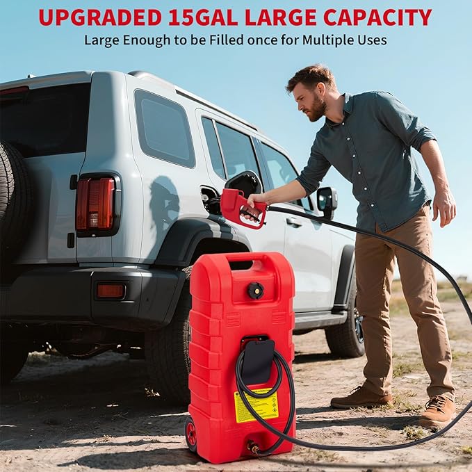 15 Gallon Gas Can, Fuel Transfer Tank, Portable Fuel Tank With Pump, Portable Gasoline Tank On Wheels With Le Fluid Transfer Siphon Pump and 10-Inch Hose, for Cars, Boats, Lawnmowers, ATVs, Tractor