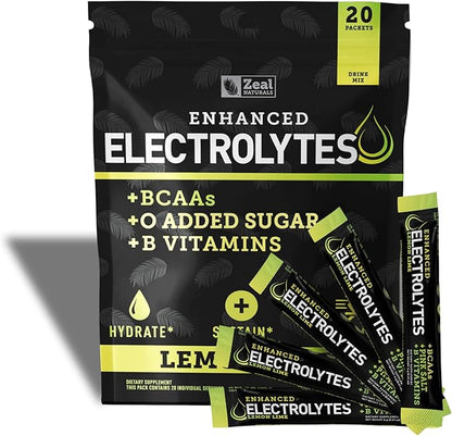 Enhanced Electrolyte Powder Stick Packs (Lemon Lime | 20 Packets) w/ 0 Sugar +BCAAs +B-Vitamins Electrolyte Supplement w Potassium Zinc & Magnesium for Hydration - Keto Electrolytes