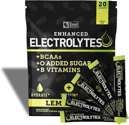 Enhanced Electrolyte Powder Stick Packs (Lemon Lime | 20 Packets) w/ 0 Sugar +BCAAs +B-Vitamins Electrolyte Supplement w Potassium Zinc & Magnesium for Hydration - Keto Electrolytes