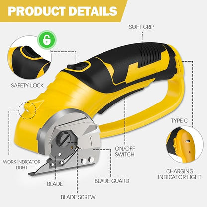 Cordless Electric Scissors, 4V Box Cutter & Cardboard Cutter with 2 Titanium Blades - Rotary Cutter with LED Light for Fabric, Leather, Carpet, Plastic, Crafting + Storage Case (Yellow)