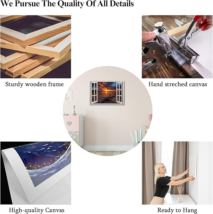 ANRUOXI Beach Window Canvas Wall Art, Bedroom Living Room Ocean Sunset Coastal Scene Picture, Tropical Sea Tree Landscape Painting Print Artwork Horizontal Seascape Artwork for Bedroom 24x36 Inch