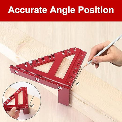 Imperial 3D Carpenter Square Hole Scribing Triangle Ruler,Quick 15° to 90° Multi-Angle Measuring Ruler with Angle Pin,Aluminum Alloy Woodworking Square Protractor High Precision Layout Tool