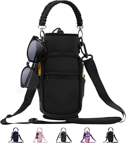 32/40/64/87/128 oz Water Bottle Carrier Bag, Neoprene Water Bottle Sleeve with 4 Pocket, Sport Water Holder with Paracord Handle and Shoulder Strap for Walking Hiking Camping Gym
