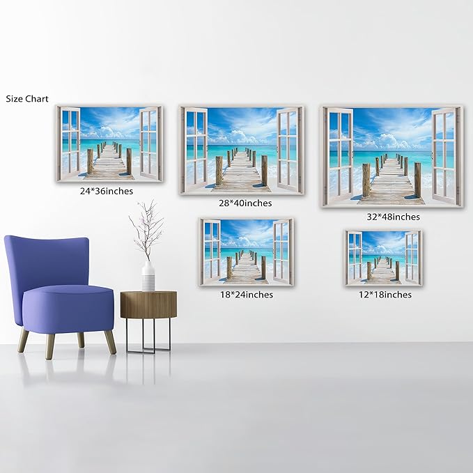 ANRUOXI Beach Pictures Wall Art Decor for Living Room, Blue Ocean Painting for Bedroom, White Window Frame Style Sea Bridge Canvas Wall Decor, Coastal Landscape Artwork for Office Bedroom 18x24 Inch