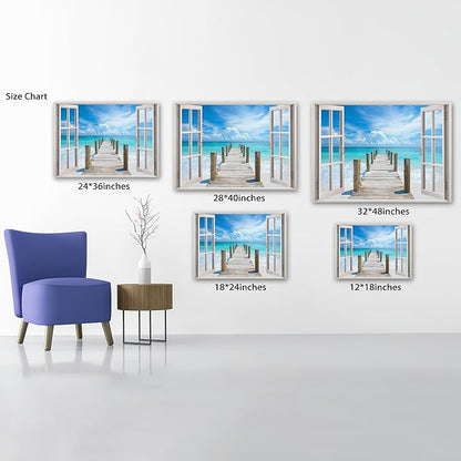 ANRUOXI Beach Pictures Wall Art Decor for Living Room, Blue Ocean Painting for Bedroom, White Window Frame Style Sea Bridge Canvas Wall Decor, Coastal Landscape Artwork for Office Bedroom 18x24 Inch