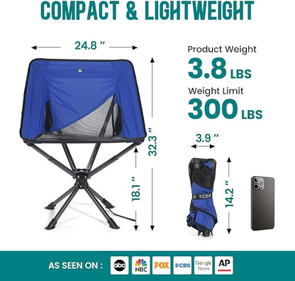 Swivel Portable Chair - Small Compact Collapsible Folding Chairs for Adults, Setup in 8 Seconds, Lightweight Outdoor Backpack Chair for Camping, Travel, Hiking, Beach, Support 300 LBS