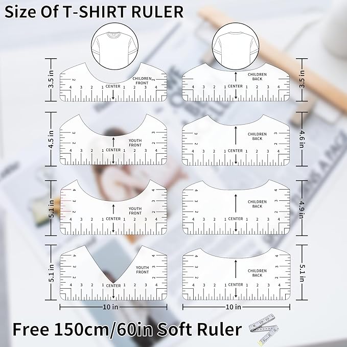 12pcs Tshirt Ruler Guide for Vinyl Alignment, T Shirt Measurement Accessories Tools for Cricut Heat Press & Cameo & HTV Transfer Vinyl, Stocking Stuffers Gifts for Women (White)