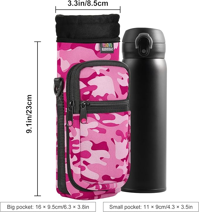 Nuovoware Water Bottle Carrier Bag,25oz/40oz/64oz Bottle Pouch Holder,Adjustable Shoulder Hand Strap 2 Pocket Sling Neoprene Sleeve Sports Accessories for Hiking Travelling Camping