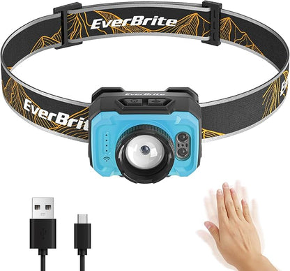 EverBrite 600 Lumen Headlamp, Rechargeable Headlight with 4 Modes, Super Bright Head Lamp with Spotlight & Floodlight, Motion Sensor, Memory Function for Camping, Hiking-Blue