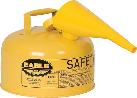 Eagle 2 Gallon Type I Yellow Safety Gas Can for Diesel with Flame Arrester, Self-Closing Lid, and F-15 Funnel, Made in the USA, Galvanized Steel Flammable Storage Can, UI20FSY