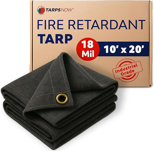TarpsNow® Fire Retardant Tarp - 10' x 20' - 18 MIL Heavy Duty Canvas Tarp - Flame & Tear Resistant w/Brass Grommets - Best for Safety, Outdoors, Camping, Boating, Welding, Woodpile, House, Fire Pit