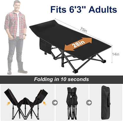 ABORON Folding Camping Cot W/Mat for Adults, Heavy Duty Outdoor Bed with Carry Bag,1200 D Layer Oxford Travel Camp Cots (Black Cot with Black Cotton Pad)