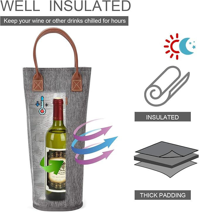 ZORMY Single Bottle Insulated Wine Tote, 1 Bottle Wine Carrier Bag Padded Wine Cooler Perfect Wine Lover's or Wedding Gift-Grey