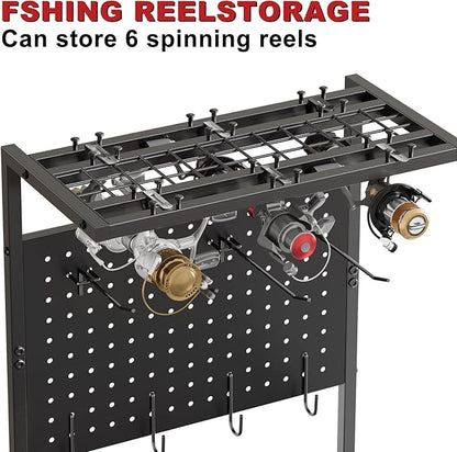 Fishing Rod Holders for Garage, Fishing Rod Storage Rack with Hooks & Wheels, Fishing Pole Holder Organizer, Tackle Box & Reel Storage Black