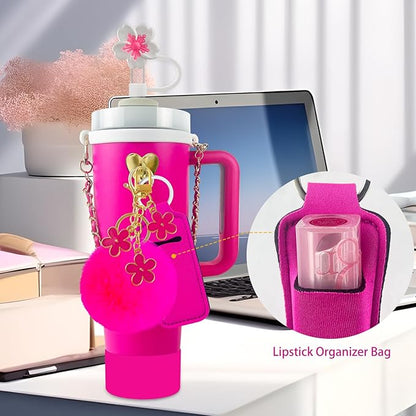 Velaco 11 PCS Accessories for Stanley Cup, Water Bottle Handle Strap for Stanley 30/40 oz tumbler with handle, including Straw Toppers, Silicone Cup Boot, Keychain Charms - ROSE