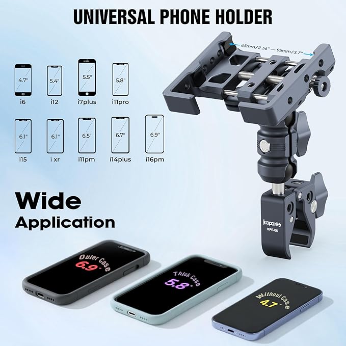 Shock-Absorbing Phone Clip Kit, Aluminum Double Socket Arm and Handlebar Strong Rod Clamp, Installed on 0.55-1.77" Diameter Rail Round Rod (KPS-13)