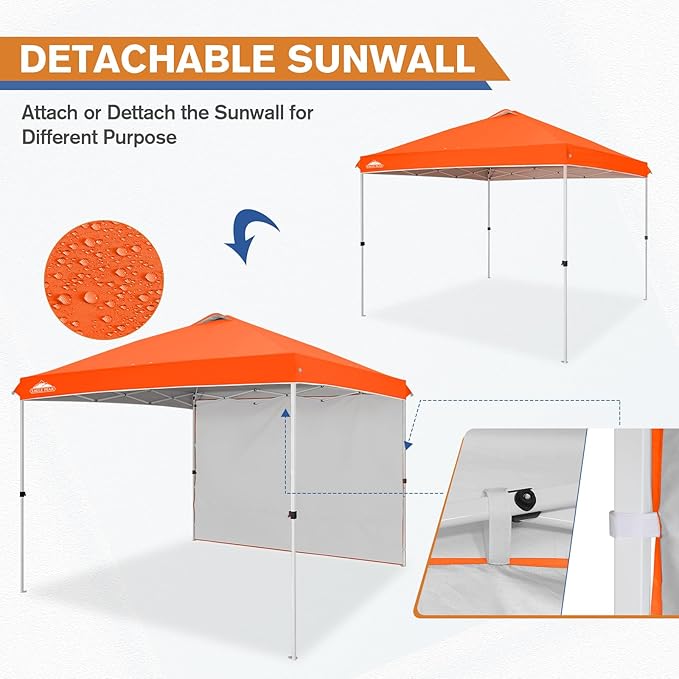 EAGLE PEAK Pop Up Canopy Tent with 1 Sidewall, Easy Setup Event Tent, Outdoor Sun Shade, Wheeled Carry Bag, Stakes and Guy Ropes, Instant Canopy 10x10, Orange