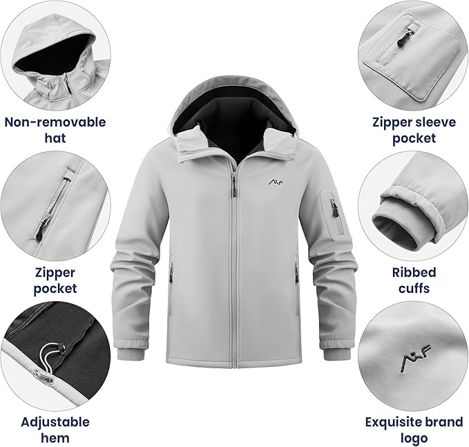 WULFUL Men's Lightweight Softshell Jacket Warm Fleece Lined Windbreaker Waterproof Soft Shell for Outdoor Hiking