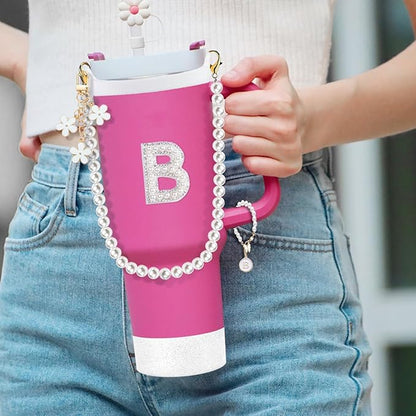 Cup Accessories Set for Stanley- Including Water Bottle Carrying Pearl Strap, Handle Letter Charms Sticker, Siliocne Cup Boot Straw Cover for Stanley 40oz & 30oz Tumbler Accessory Kit B