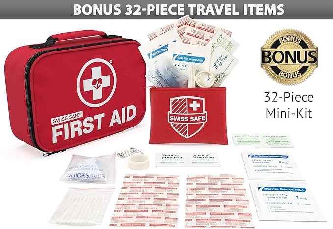 Swiss Safe 2-in-1 First Aid Kit for Car, Travel & Home, Businesses - Bonus Mini Kit for Medical Emergency Aid, Survival, Camping - 120+32 Pcs, Small+Travel FAK