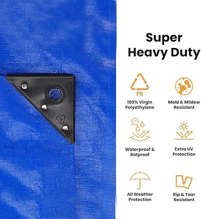 WHITEDUCK 20' x 30' Super Heavy Duty Poly Tarp Thick 16 Mil, Waterproof 100% UV Resistant Rip/Tear Proof Tarp w/Rustproof Grommets & Reinforced Edges (Blue,16 mil Finished Size: 19'6"x29'6")