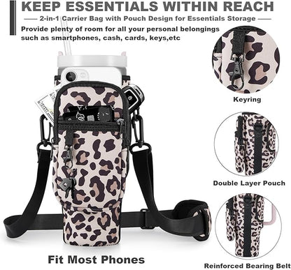 Water Bottle Carrier Bag with Phone Pocket for Stanley 40 & 30 oz Tumbler with Handle,Pink Insulated Neoprene Cup Holder Pouch w/Adjustable Strap for Quencher H2.0 Stanley Cup Accessories