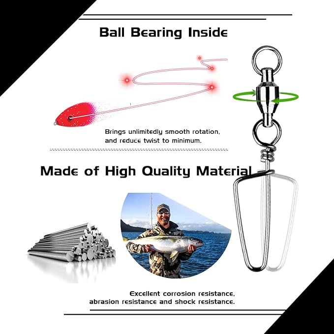 Atibin High Strength Fishing Swivel Freshwater Corrosion Resistance Fishing Snap Swivel Stainless Lock Snap Swivels Steel Ball Bearing Black Nickel