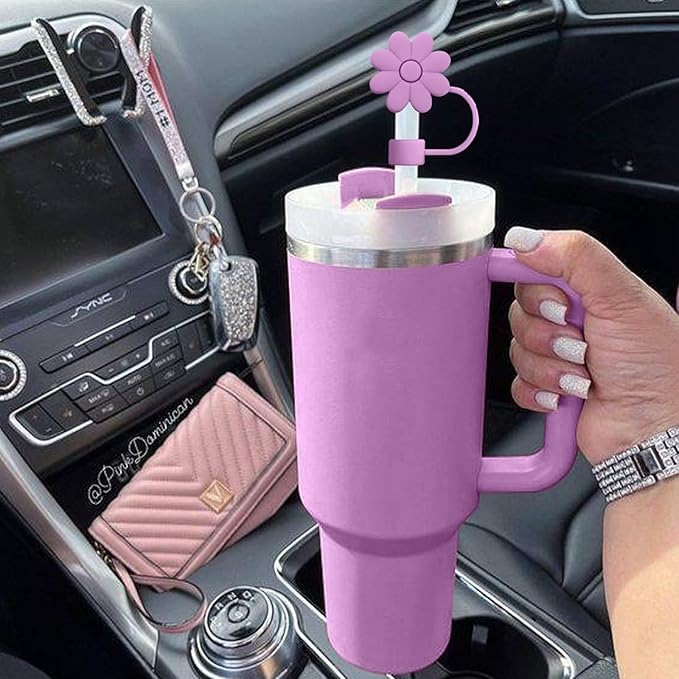 4PCS Silicone Straw Covers Toppers for Stanley Cups 30&40 Oz Tumbler Accessories Flower Straw Caps Purple Red Dust-Proof Reusable Straws Tips Protectors for Stanley Cup 10mm 0.4in Straws