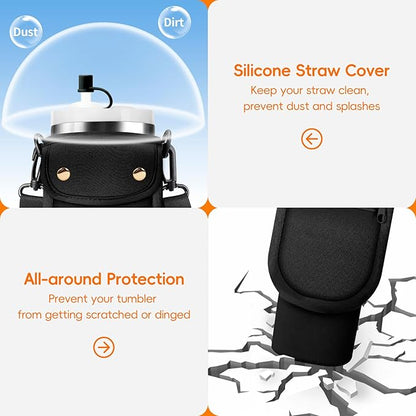 Water Bottle Carrier Bag with Phone Pocket for Stanley 40/30 oz Tumbler Neoprene Insulated Mug Sleeve Pouch with 2 Pockets & Adjustable Strap & Straw Cover for Stanley Cup Accessories