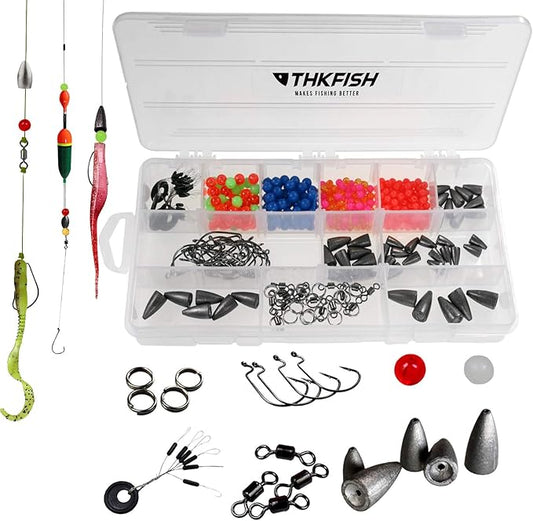 THKFISH Texas and Carolina Fishing Rig Bass Fishing Bullet-Weights for Fishing Sinkers Hooks Rolling Barrel Fishing Swivels Beads Rings Fishing Tackle Kit 35pcs/339pcs/389pcs
