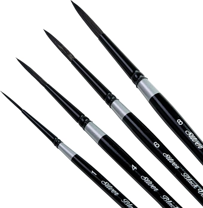 Silver Brush Limited BV-3053S Black Velvet Short Handle Script Liner Brushes, Mixed Filament With Very Soft Tips, 4pc Professional Artist Painting Bundle for Watercolors, Gouache, Dyes & Silk Painting