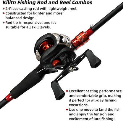 Kilitn Fishing Rod and Reel Combo, Baitcasting Combo Baitcast Reel, 6 Foot 7 Foot 2-Piece, Durable Fiberglass Wrapped Carbon Fiber Rod with Comfortable EVA Handle