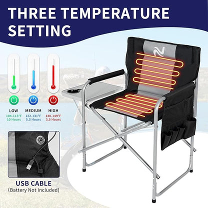 Slsy Heated Camping Chair Heats Back and Seat, Heated Portable Camp Chair with 3 Heat Levels, Heavy Duty Heated Director Chair for Lawn, Outdoor, Picnic, Lounge Patio