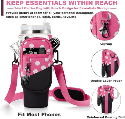 Water Bottle Carrier Bag with Phone Pocket for Stanley 40 & 30 oz Tumbler with Handle,Pink Insulated Neoprene Cup Holder Pouch w/Adjustable Strap for Quencher H2.0 Stanley Cup Accessories