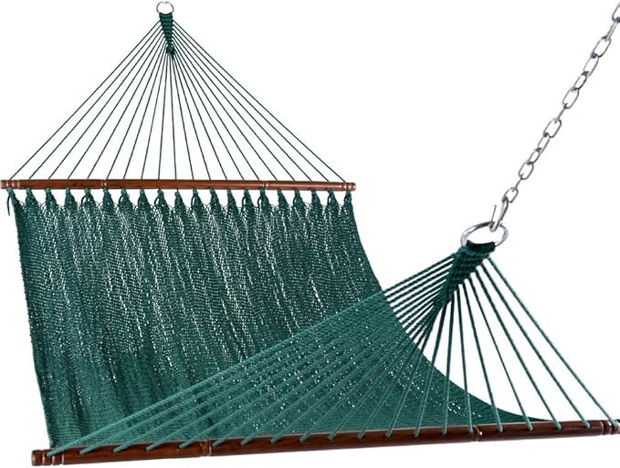 Lazy Daze Hammocks 10.5 FT Double 2 Person Caribbean Rope Hammock, Hand Woven Polyester Hammock with Spreader Bars, for Outside Outdoor Backyard Patio Poolside, 450 LBS Capacity, Green