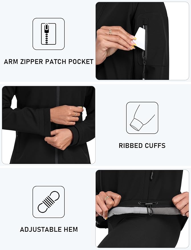 MoFiz Women's Fleece Lined Softshell Jacket Hooded Windproof Lightweight Insulated Jacket Full Zip Warm Coat