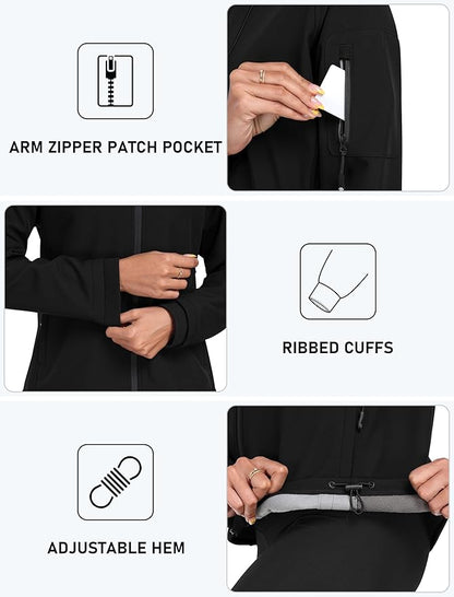 MoFiz Women's Fleece Lined Softshell Jacket Hooded Windproof Lightweight Insulated Jacket Full Zip Warm Coat