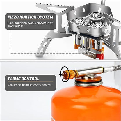 Odoland 3500W/6800W Windproof Camp Stove Camping Gas Stove with Windscreen, Fuel Canister Adapter, Piezo Ignition for Outdoor Backpacking Hiking and Picnic