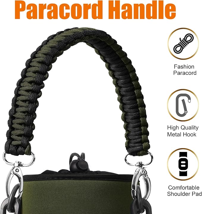 32/40/64/128 oz Neoprene Insulated Water Bottle Carrier Bag, Sling Bag Sleeve Pouch Holder with Strap & Paracord Handle and 2 Pocket for Travelling, Hiking, Camping