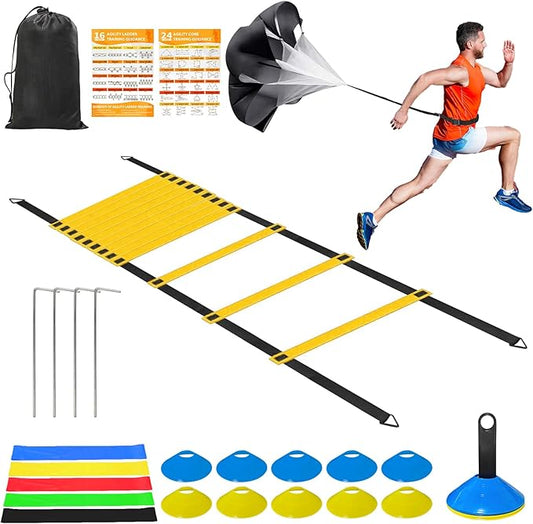 Speed Agility Training Equipment Set - 20ft Agility Ladder, 10 Disc Cones, Resistance Parachute, 5 Resistance Bands & Carry Bag | Football Soccer Basketball Fitness Drills for Kids Adults
